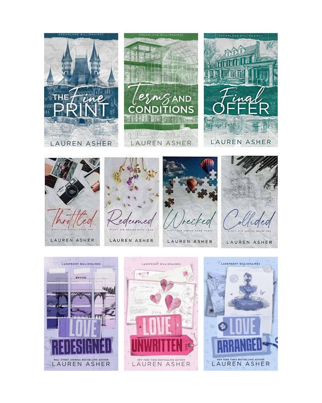Lauren Asher Book Set (10 Books Combo) | Dreamland Billionaires, Dirty Air &amp; Lakefront Billionaires - Love Arranged | Cash on Delivery | Free Bookmarks
