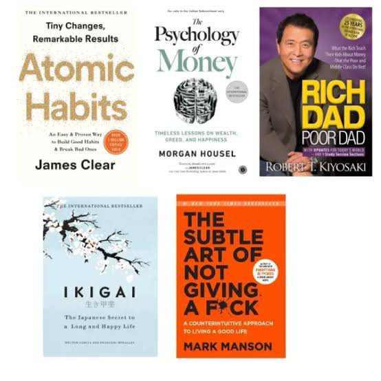 Self help combo - 4 Books (Atomic Habits + Psychology of money + Rich dad Poor dad + Ikigai + The subtle art of not giving)